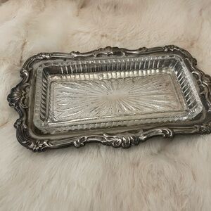 Vtg Silver Tray/Butter Dish w/Glass Insert. Y2K